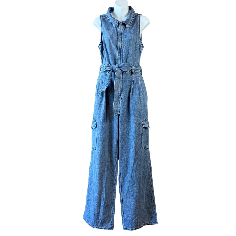 Denim Jumpsuit Sleeveless Cargo Wide Leg Blue Coveralls Industrial Zip Up 6